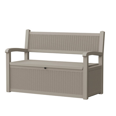 70 Gallon Outdoor Storage Bench, Weather-Resistant Resin Deck Box with Rattan Look, 500 lbs Capacity, Lockable, Seats 2-3 People