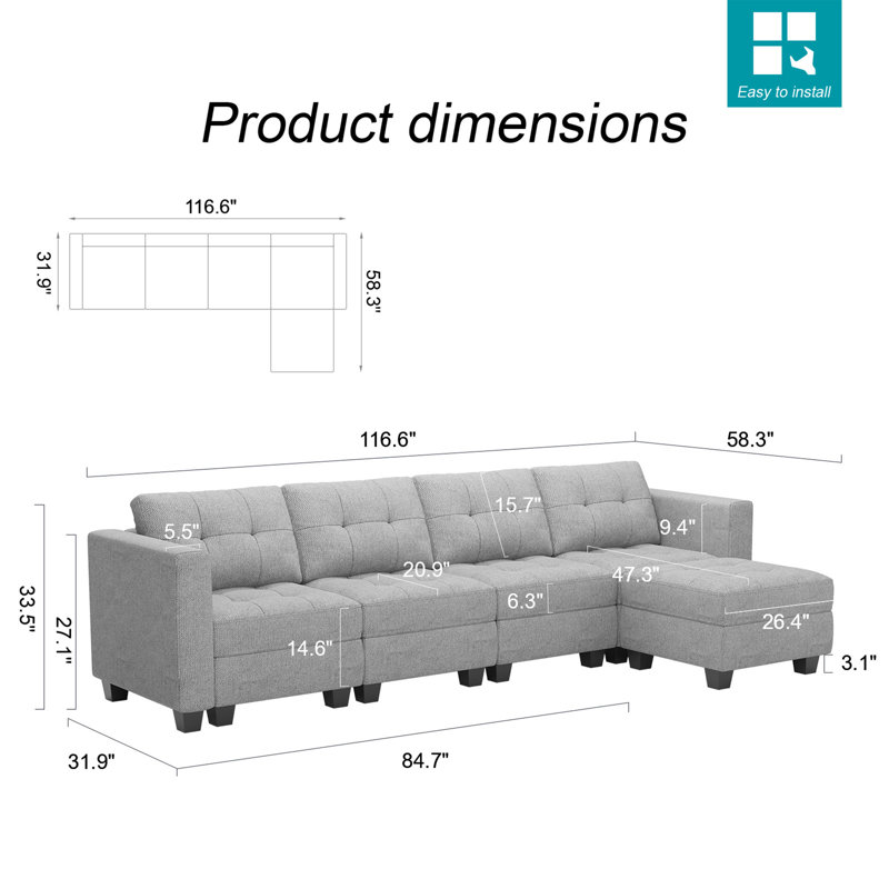 Ashbury Hunsicker 116.6'' W Shaped Variable Sectional Couch Module Polyester Blend Upholstered Storage Sofa
