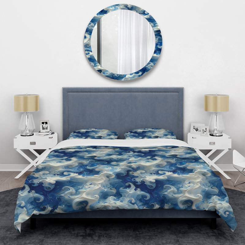 Ensemble de housse de couette abstrait bleu et blanc abstrait bleu océan, Housse de couette très grand + 2 taies décorativ