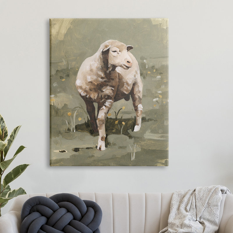 Moutons de printemps impressionnistes qui broutent un champ de verdure, H 14 po x l 11 po, Cadre gris