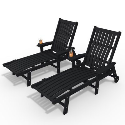 Pakkdiarie Outdoor HDPE Adjustable Reclining Chaise Lounge Chair With Wheels & Cup Holder (Set of 2)
