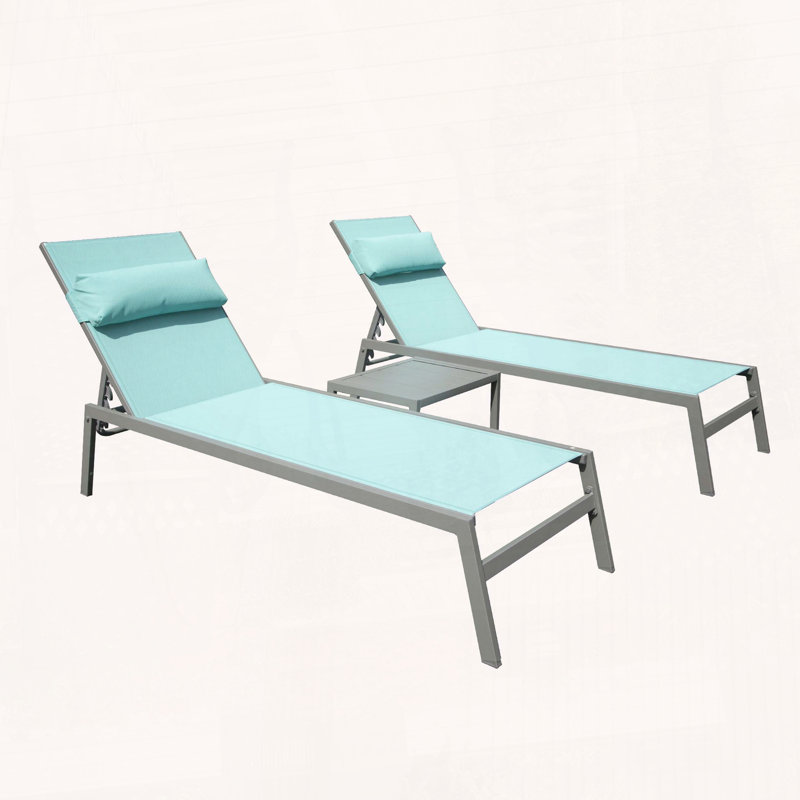 Aluminum Patio Chaise Lounge Set of 3 with Side Table, Lake Blue