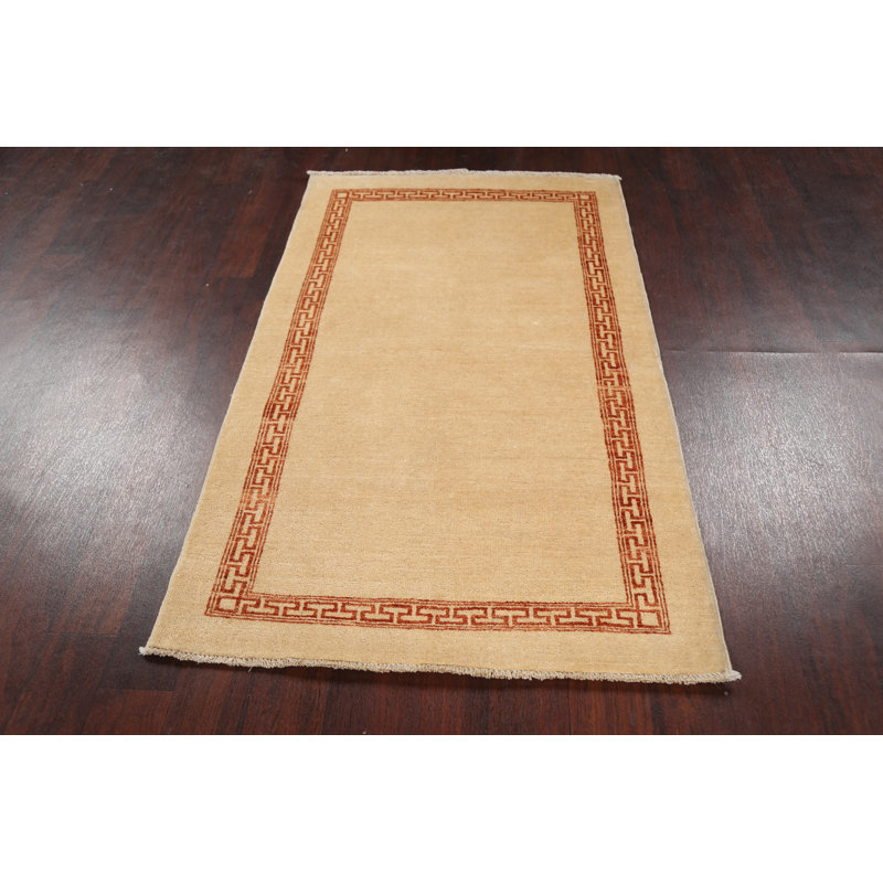 Tapis beige en laine noué à la main de conception unique 3 pi 1 po x 5 pi 1 po New Age