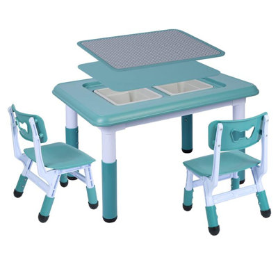 Kids Table and 2 Chairs Set, Height Adjustable, 3 in 1 Multi Activity Building Block Table with 2 Chairs, Storage Bins, Blue