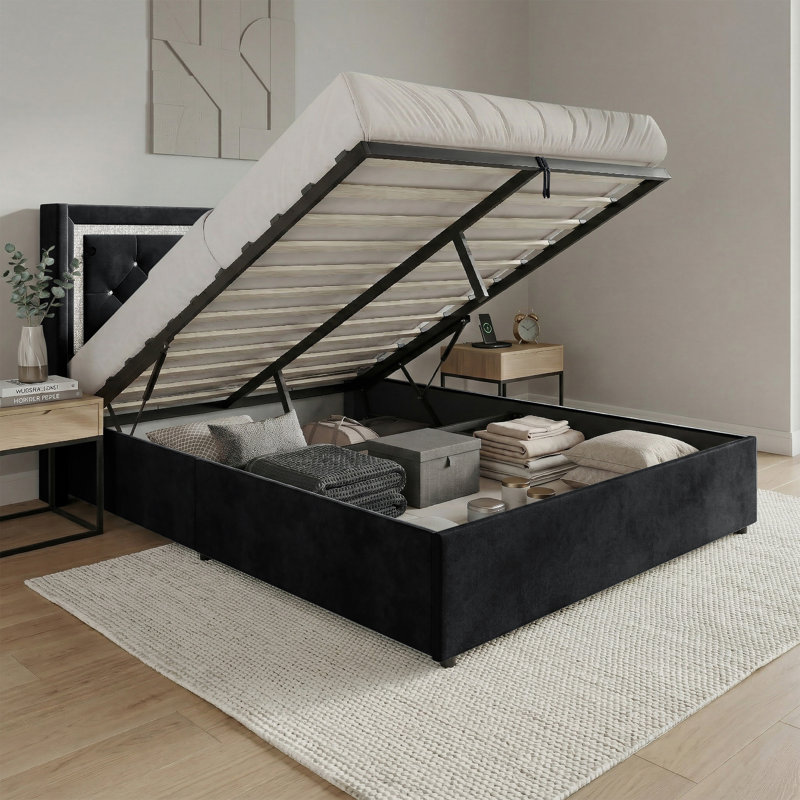 PLATE-FORME À RANGEMENT PLEIN GRAND LIT DE RANGEMENT EN VELOURS NOIR, Lit double, Noir