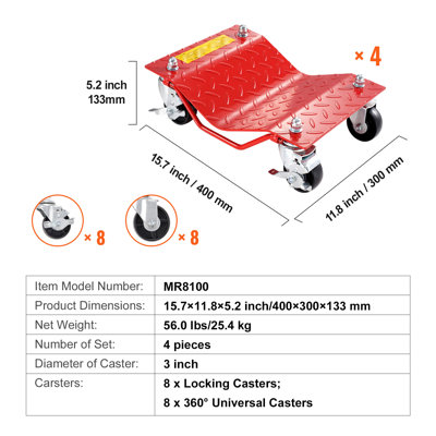 Wheel Dolly, 8000 lbs Capacity Heavy-Duty Steel Car Mover, Set of 4, Red, Wheel Dolly Car Tire Stake Set with Brakes, Vehicle Moving Cart Moving Cars, Trucks, Trailers, Motorcycles, and Boats