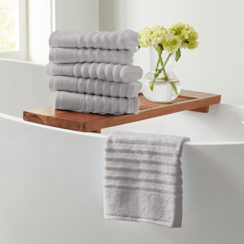 100% Zero-Twist Cotton Ribbed Bath Towels , Hand Towels - 6 Pack, Soft Gray