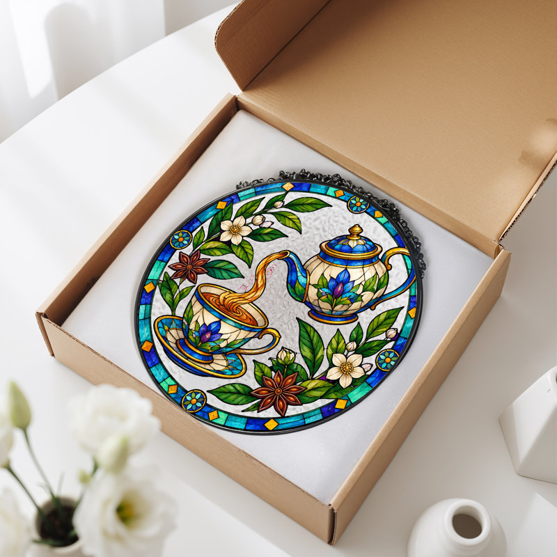 Toile bleue avec théière en verre teinté avec fleurs, H 12 po