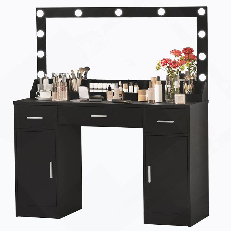 Bureau de coiffeuse 47,2 po avec grand miroir, 3 modes d'éclairage à intensité variable, 3 tiroirs et 2 armoires verticales