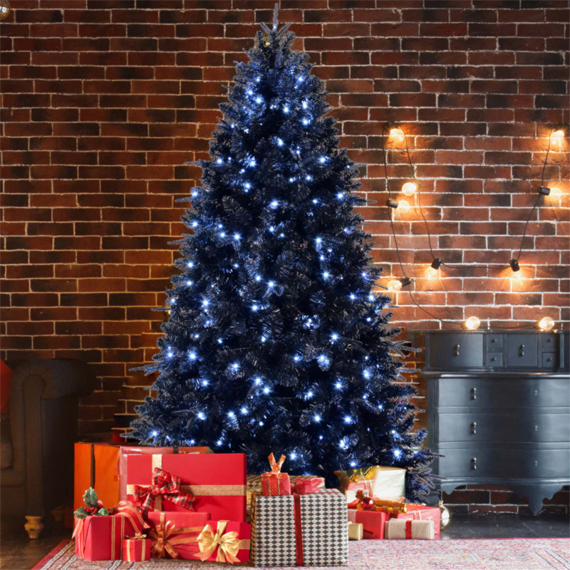 Arbre de Noël noir de 4 pi avec 150 lumières DEL, 666 pointes en PE + PVC pour la décoration d'Halloween et des Fêtes, structure à charnières avec support en métal stable