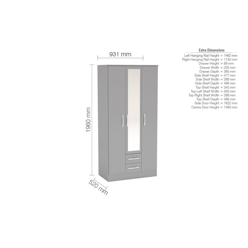 Marquitta 3 Door Manufactured Wood Wardrobe, Grey