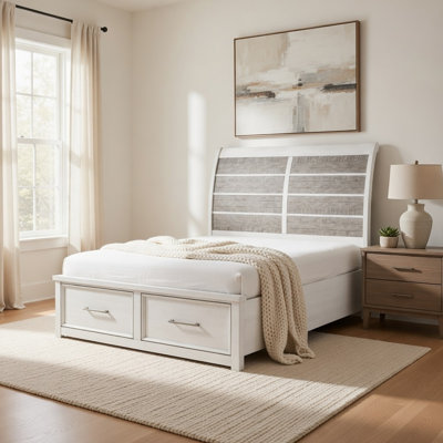 Grand lit plateforme Amby, 2 tiroirs de pied de lit, blanc antique et bois gris