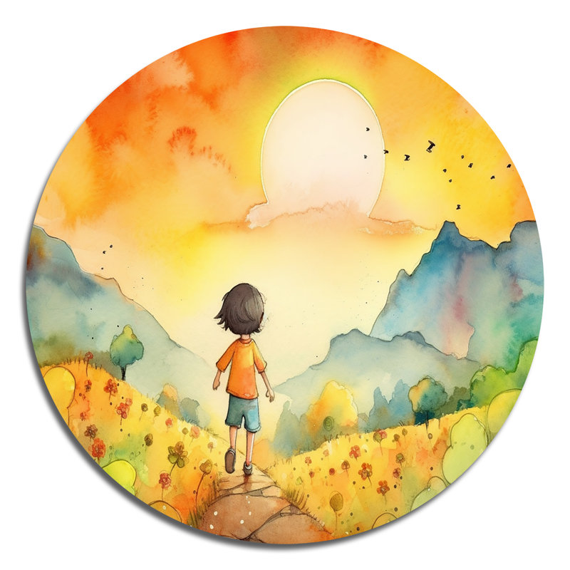 «Child Run Free» - Art rond en métal fantaisiste, 23" H x 23" W
