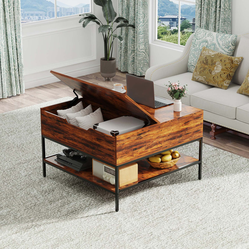 Table basse à plateau rabattable de 32,4 po de largeur avec rangement caché - conception à demi-ouverture, finition en bois rustique et structure en métal robuste - Table de salon compacte avec rangement pour jouets