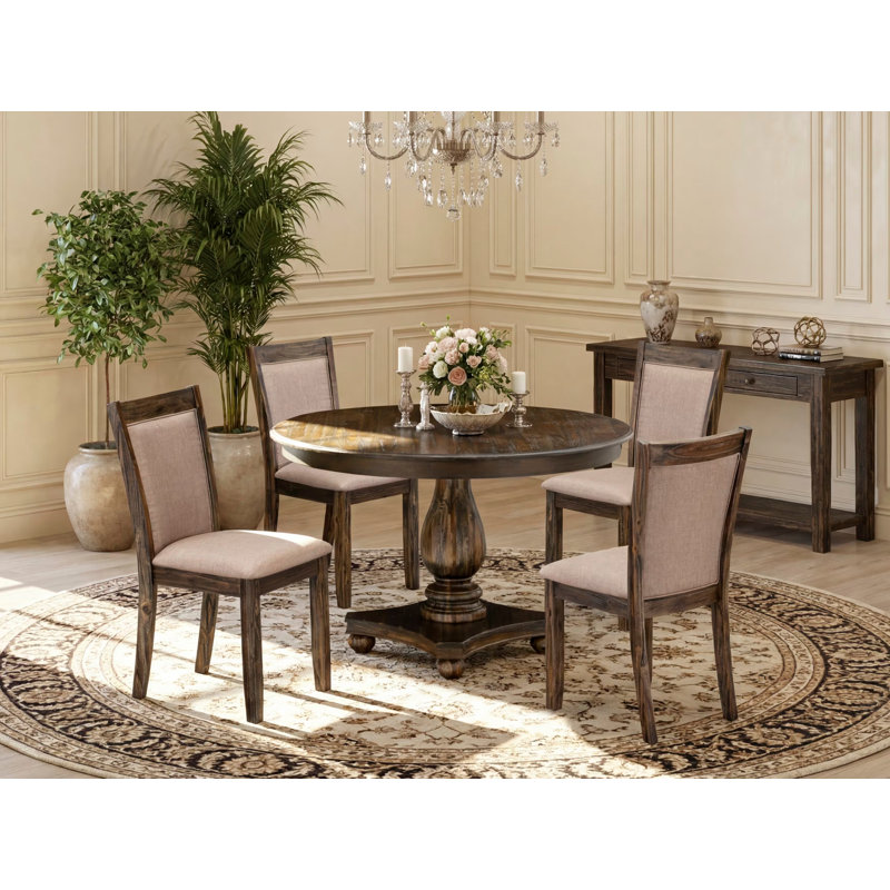 5 Piece Kitchen Table Set for 4 Includes a Round Dining Room Table with Pedestal and 4 Dark Khaki Linen Fabric Parsons Dining Chairs, Distressed Jacobean