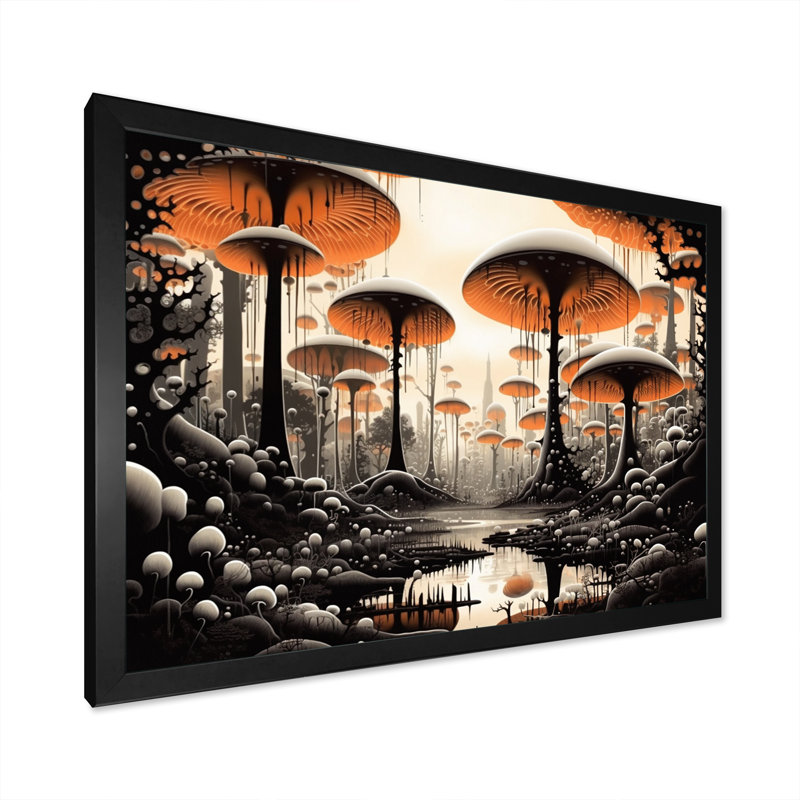Illustration rétro de champignons magiques rouges I - impression, Cadre simple noir, H 30 po x l 40 po x P 1,5 po