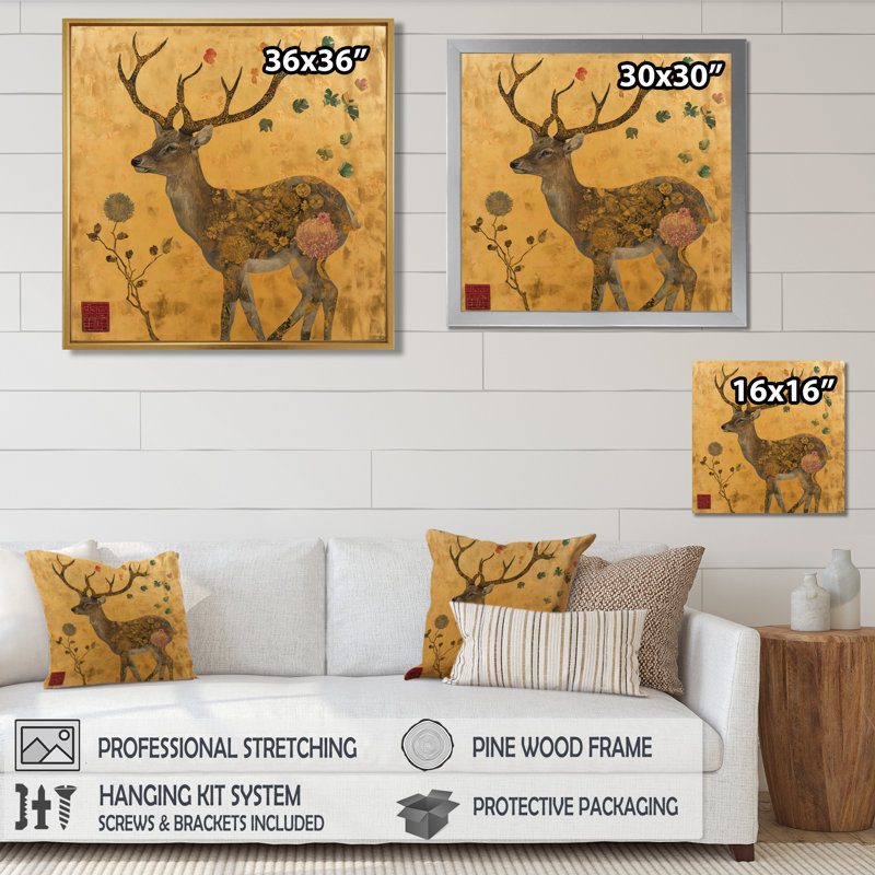 Majestic Dear, art asiatique rétro, art mural cerf, salon, Toile avec cadre doré, H 16 po x l 16 po x P 1 po