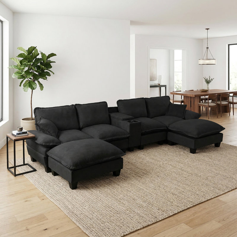 Canapé en U en forme de voilier avec porte-gobelets et rangement, port USB, 2 repose-pieds et 2 coussins, Noir
