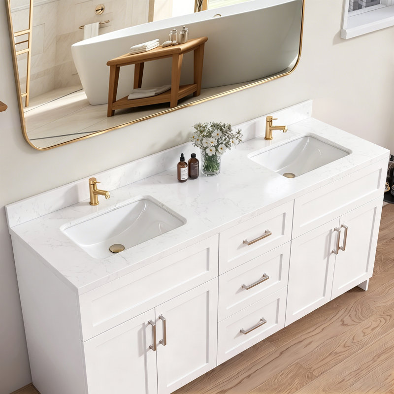 Dessus de meuble-lavabo à dossier rectangulaire blanc l 66 po x H 4 po en pierre reconstituée avec dosseret poli pour comptoir de salle de bain