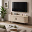 Meuble télé moderne de 120 cm avec portes coulissantes et compartiment de rangement, couleur bois naturel, pieds fuselés, idéal pour le salon ou la chambre.