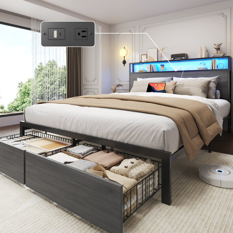 Base de lit grand format avec pied de lit de rangement, Gris rustique
