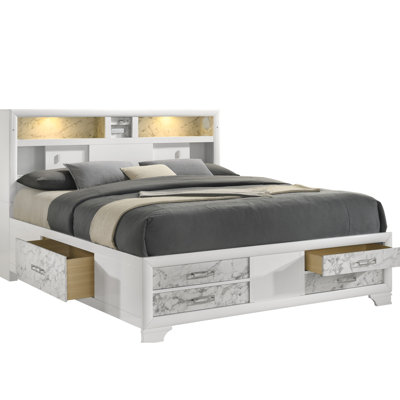 Modern Style White Wood Queen Bed With Shelves, Marble- Paneling, Headboard Lighting And -C Charging For Bedroom Use Case Storage, Headboard, Integrated Port