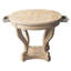 Table d'appoint ronde, style moderne, petite taille, pieds galbés, aspect vieilli, bois naturel, 2 tiroirs de rangement, structure en bois veiné, placage de sapin, idéale pour le salon