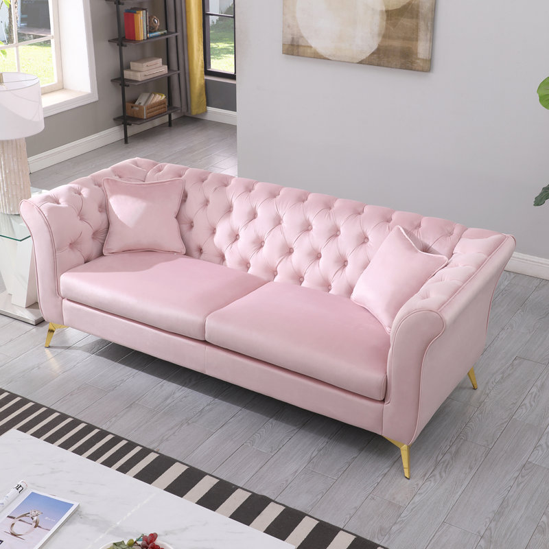 87" Oro Chesterfield Sofa with Flared Arms, Pink Velvet