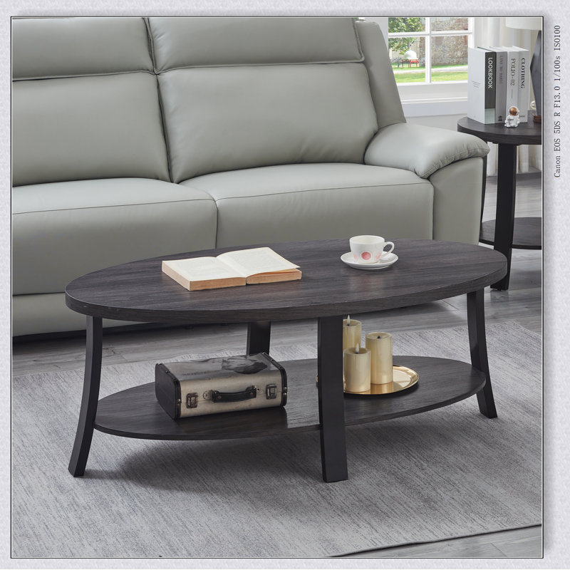 Table basse à tablette ovale contemporaine en bois Anze avec finition gris anthracite et plateau en placage durable