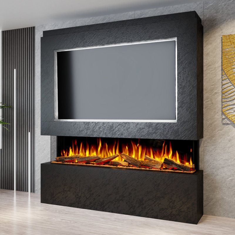 Evolution Fires Pre-Built Media Wall Package 12, finished in textured Venetian Plaster, includes Advance Series 1800 3-Sided Electric Fireplace