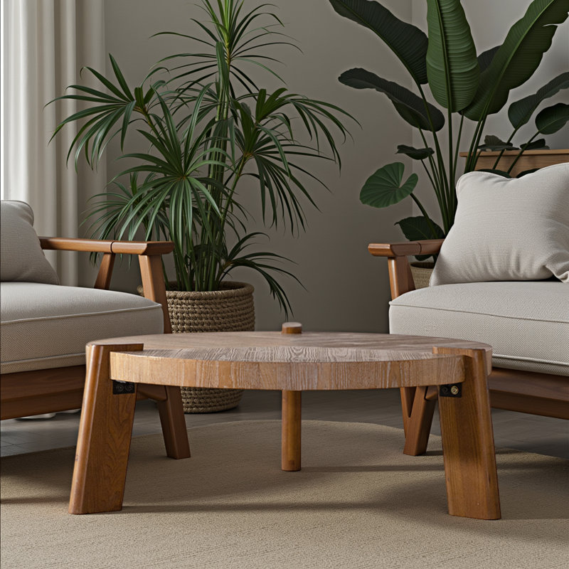 Handmade Wood Round Coffee Table - Rustic Natural 36" Sturdy & Safe Wooden Coffee Table for Living Room