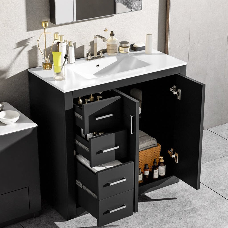 Meuble-lavabo de 36 po avec lavabo en céramique - structure en bois massif, 3 tiroirs à fermeture en douceur et 2 portes à fermeture en douceur, armoire de rangement autoportante avec poignées en métal