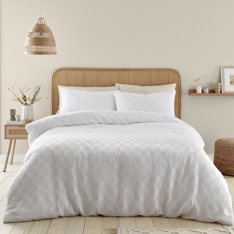 Waffle Checkerboard Duvet Cover Set, White, Single - 1 Standard Pillowcase