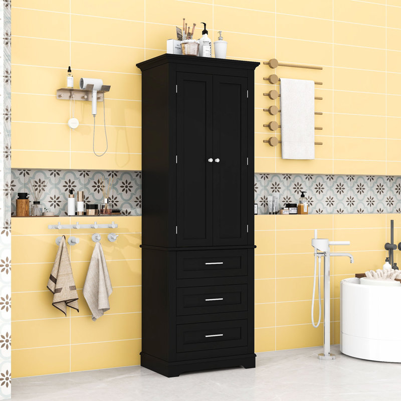 Armoire de salle de bain haute en bois avec tablette réglable, tiroirs de rangement et conception anti-basculement, Noir