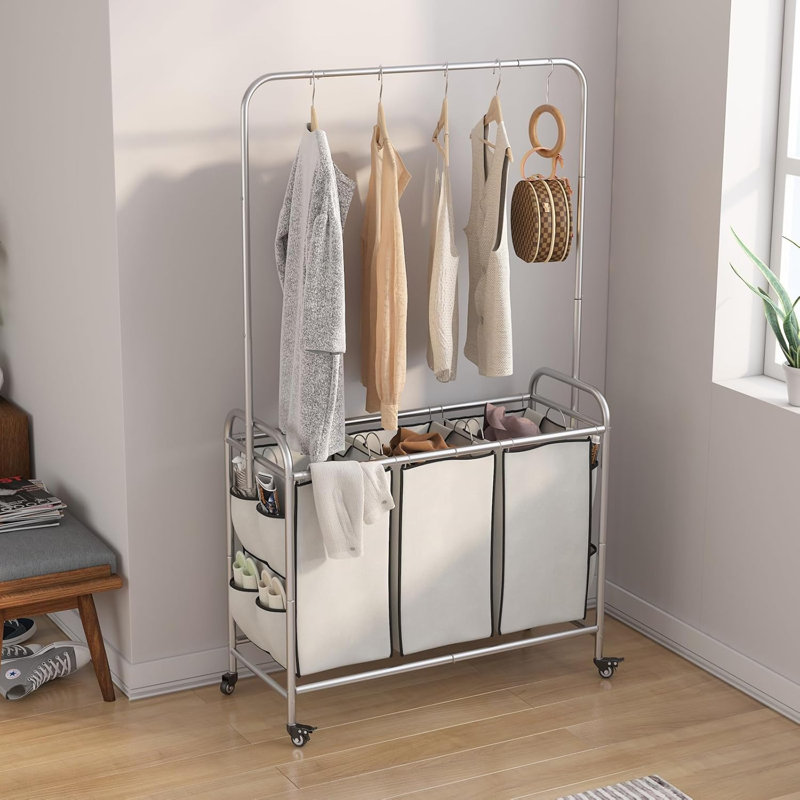 Panier à linge 3 sacs avec panier à linge, roulettes verrouillables et sacs amovibles pour salle de lavage, Beige