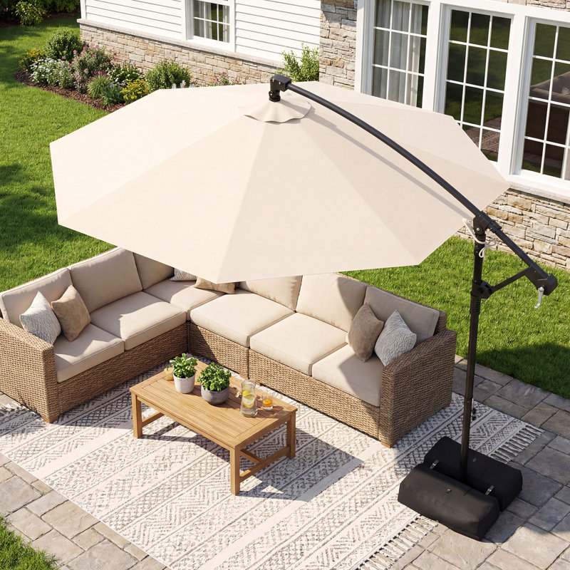 10 foot offset patio umbrella with rotation 10FT Square Cantilever 32 Solar LED Lights Infinite Tilt and 360 Flexible Rotation Clihome 10 ft. Cantilever Tassel