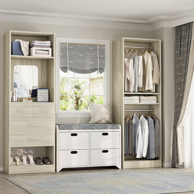 Freestanding Closet System with Drawers and Mirror, Washed Oak