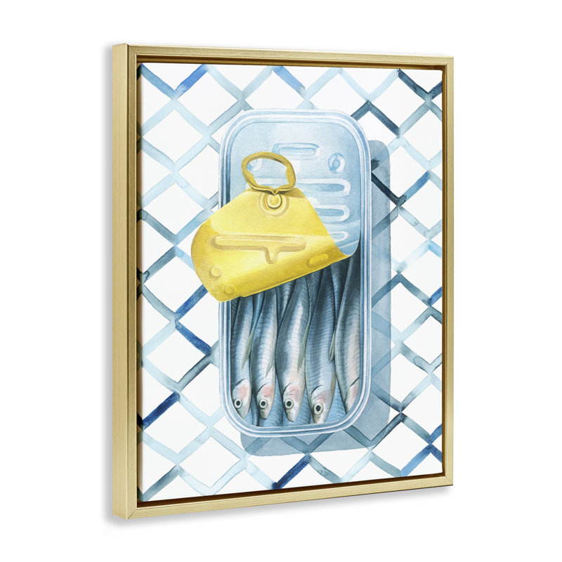 Toile flottante encadrée, "Geometric Sardines Can" par Grace Popp, Cadre flottant métallique doré, H 31 po x l 25 po