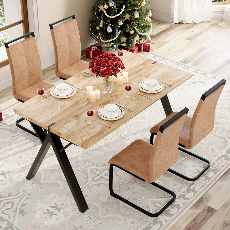Ensemble de table de salle à manger 63 po Mid-Century, plateau en bois épais avec chaises rembourrées, sièges 4 à 6, Brun