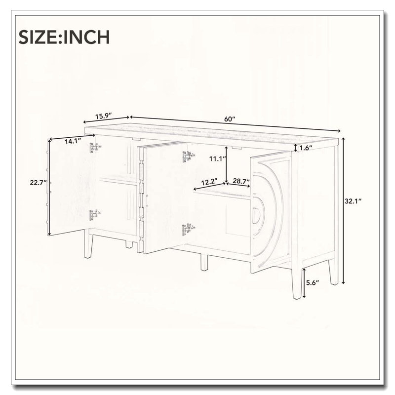 Retro 4-Door Sideboard with Circular Groove Design and Round Handles, Black