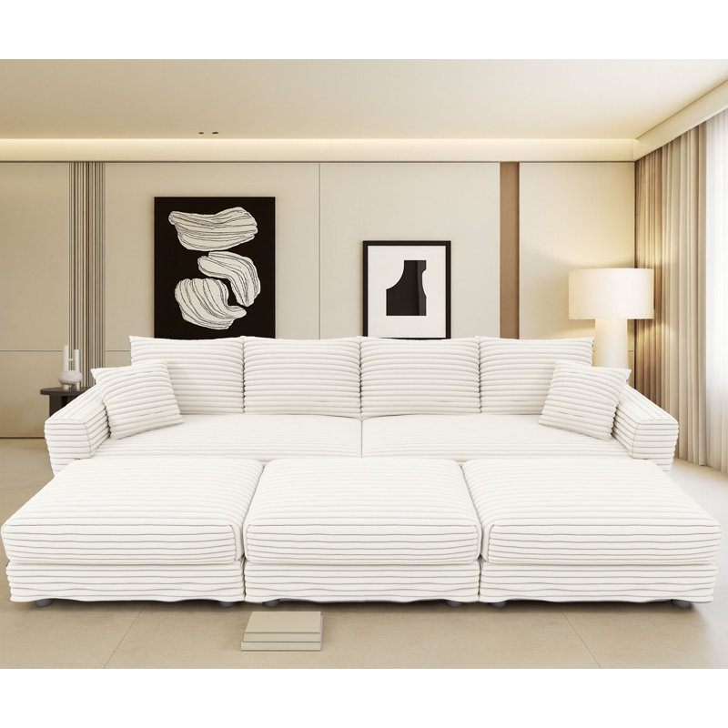 Canapé modulaire moderne en velours côtelé 4 places avec 3 repose-pieds, H 35,35 po x l 102,42 po x P 66,94 po, Beige