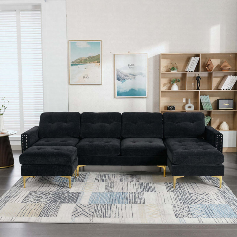 Canapé modulaire convertible en L 110,6 po avec repose-pieds mobile, Noir