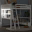 Lit mezzanine double avec bureau multi-rangements en L, station de charge à DEL et USB, banc de rangement avec 2 tiroirs-290658499