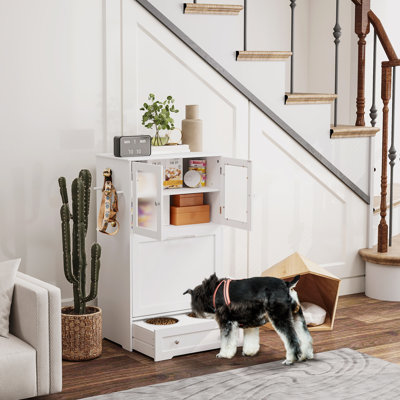 Dog Feeding Station with 2 Storage Cabinets 2 Elevated Bowls White