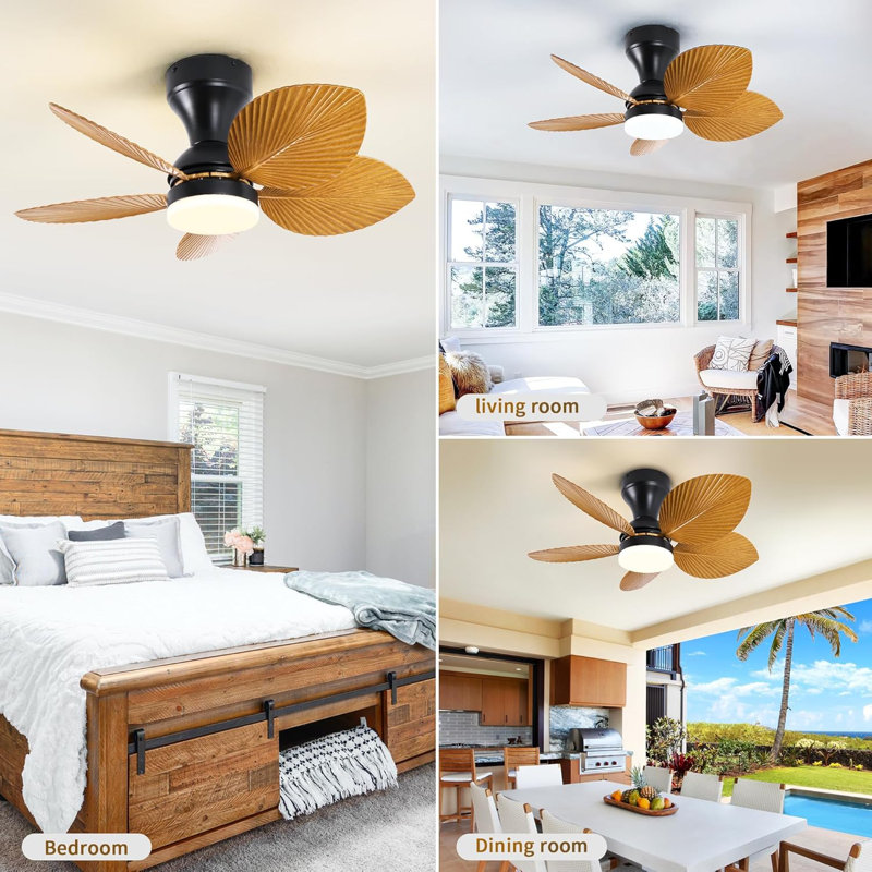 Ventilateur de plafond tropical de 26 pouces avec éclairage à DEL, ventilateur de patio extérieur en feuille de palmier, 5 pales, ventilateur de plafond Boho, ventilateur encastré avec télécommande pour la cuisine de la chambre à coucher à l'inté