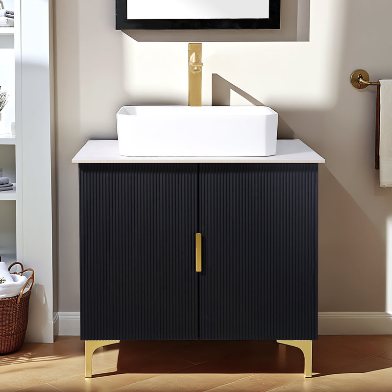 30" Modern Free-Standing Single Bathroom Vanity With Ceramic Top, Black