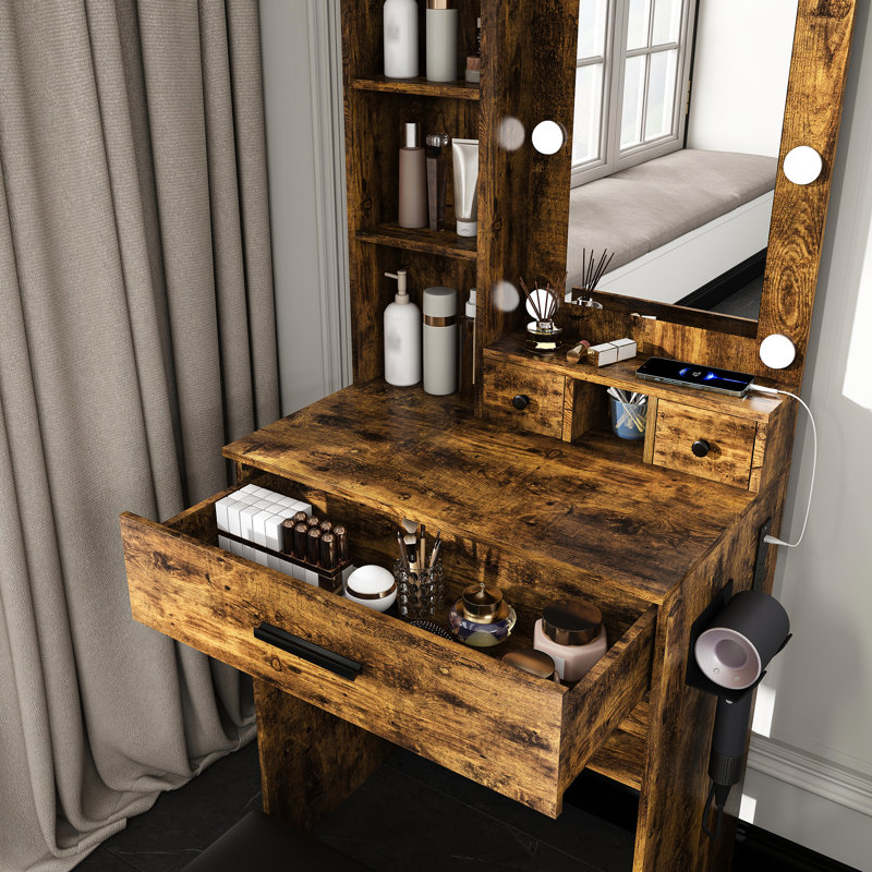 Table de coiffeuse rétro avec éclairage à DEL réglable, prise de courant, support pour sèche-cheveux et tabouret rembourré - une option peu encombrante pour les petites chambres, avec 1 grand 2 tiroirs compacts, étagère ouverte