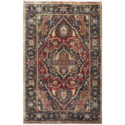 Hand-Knotted High-Quality Charcoal and Red Area Rug