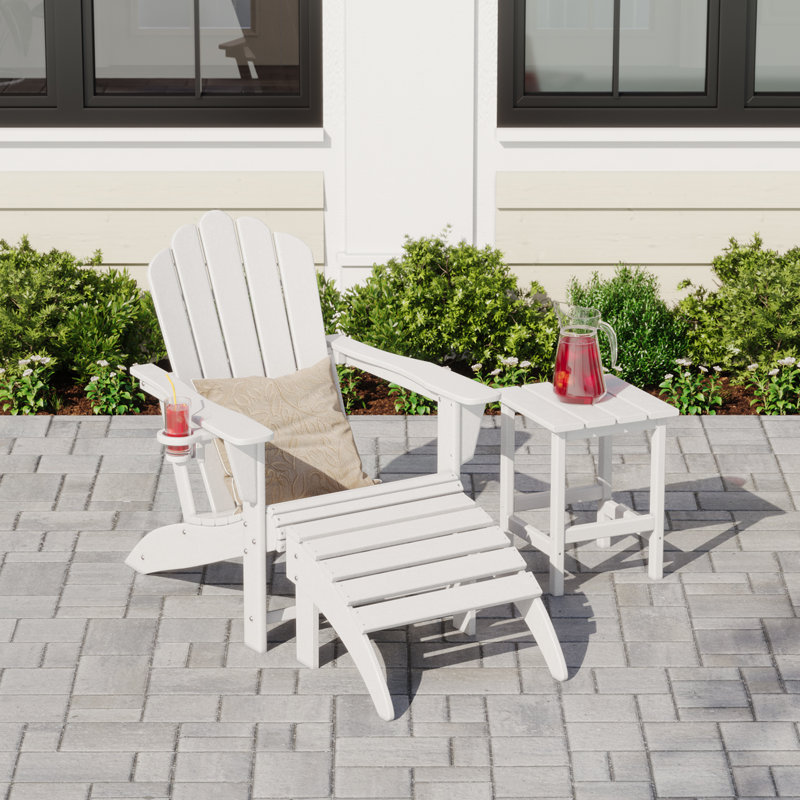 Outdoor Poly Adirondack Chair With Side Table And Ottoman, White