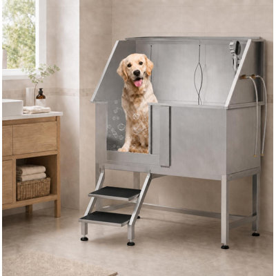 Station de lavage pour chien 34 pouces en acier inoxydable 304, baignoire de toilettage pour animaux avec porte coulissante gauche, marches antidérapantes, robinet et pomme de douche pour grands et petits chiens